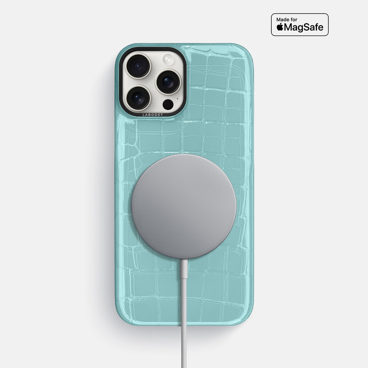 Light Blue iPhone 16 Pro Max Classic Case Shiny Alligator with Black Metal -5 | Light-Blue-Black