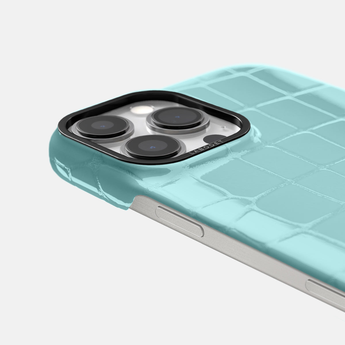 Light Blue iPhone 16 Pro Max Classic Case Shiny Alligator with Black Metal -6 | Light-Blue-Black
