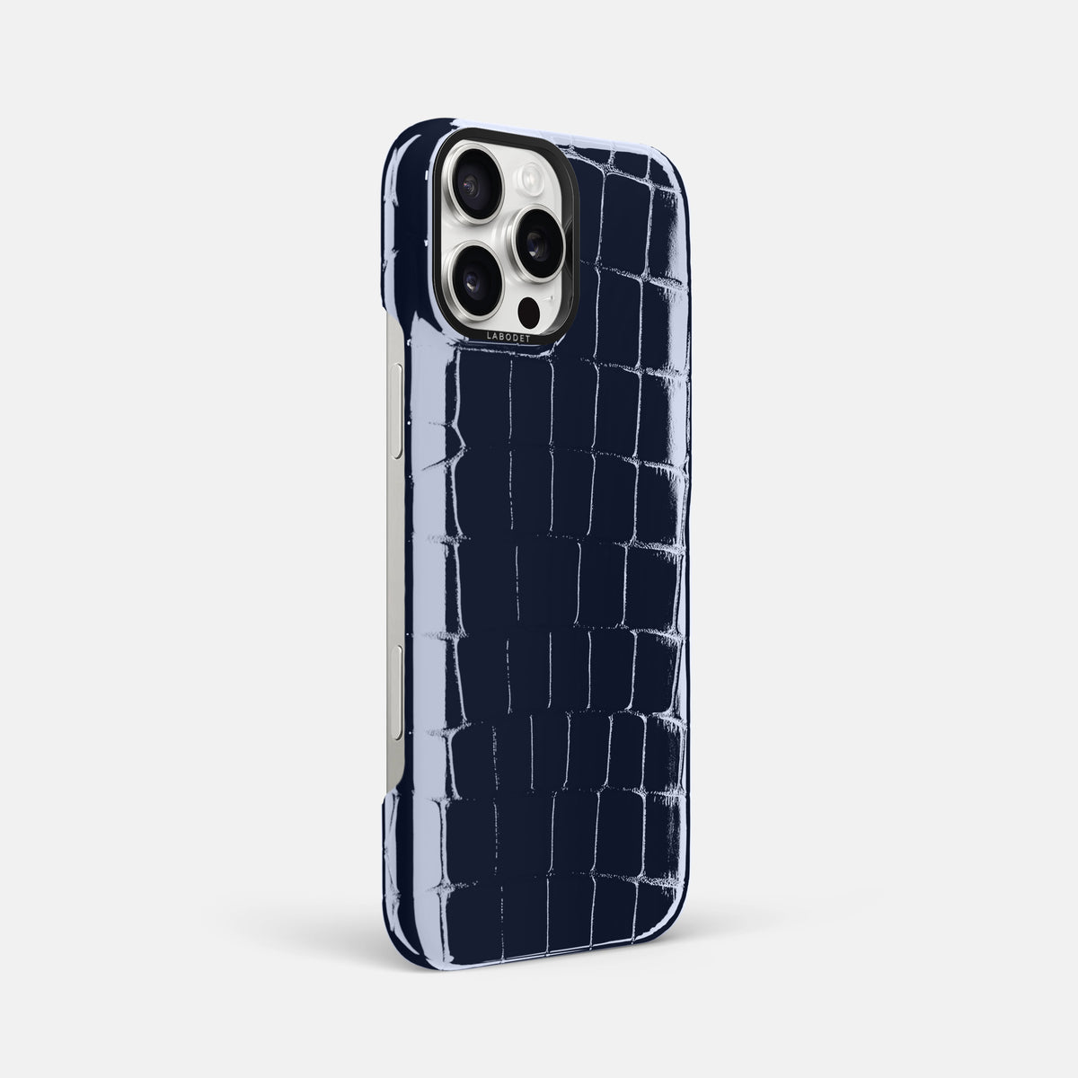 Navy-Blue iPhone 16 Pro Max Classic Case Shiny Alligator with Black Metal -2 | Navy-Blue-Black