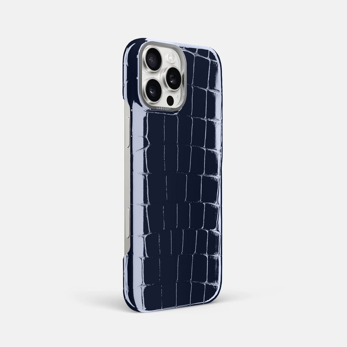 Navy-Blue iPhone 16 Pro Max Classic Case Shiny Alligator with Steel Metal -2 | Navy-Blue-Steel