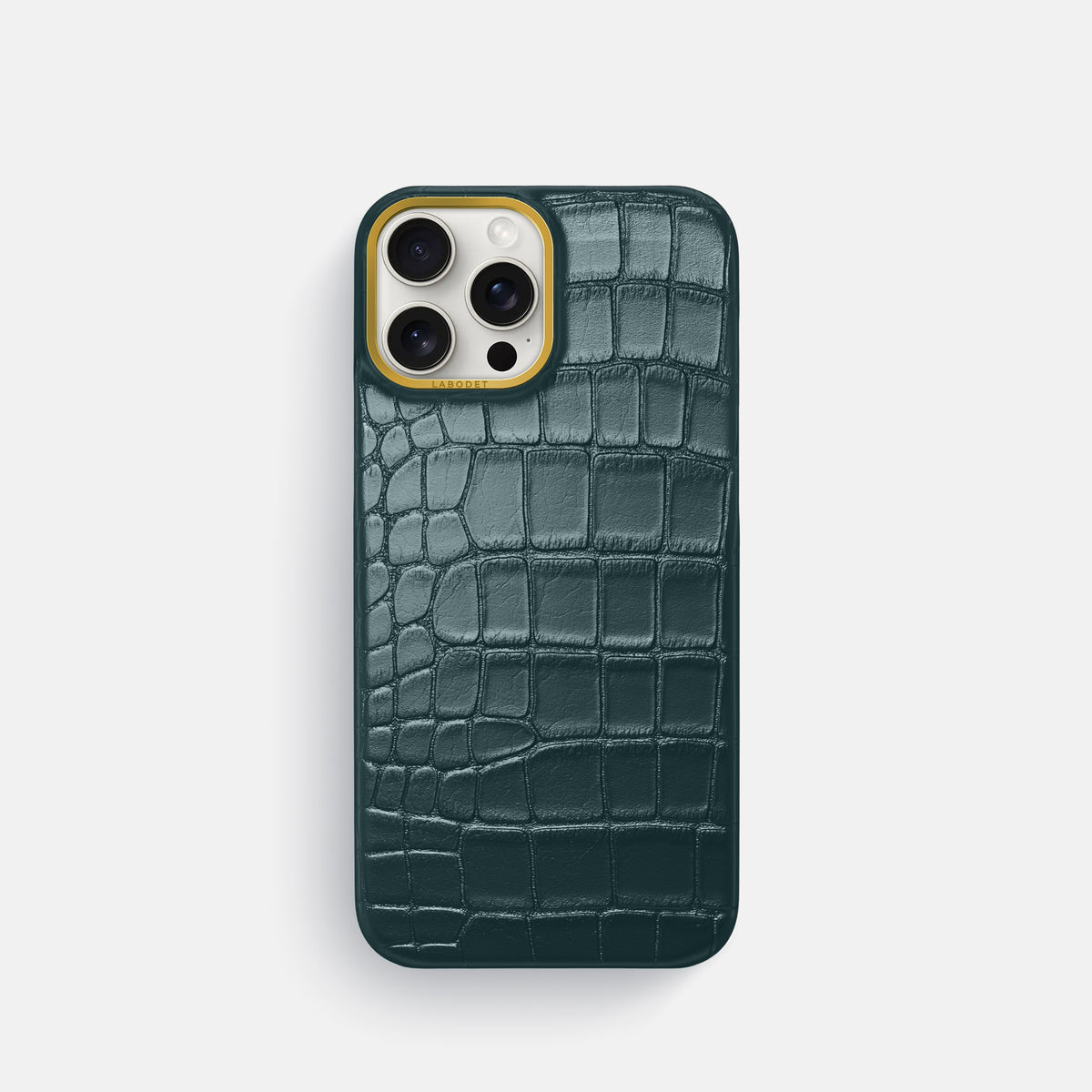 Metallic-Blue iPhone 16 Pro Classic Case Alligator with Gold Metal -1 | Metallic-Blue-Gold