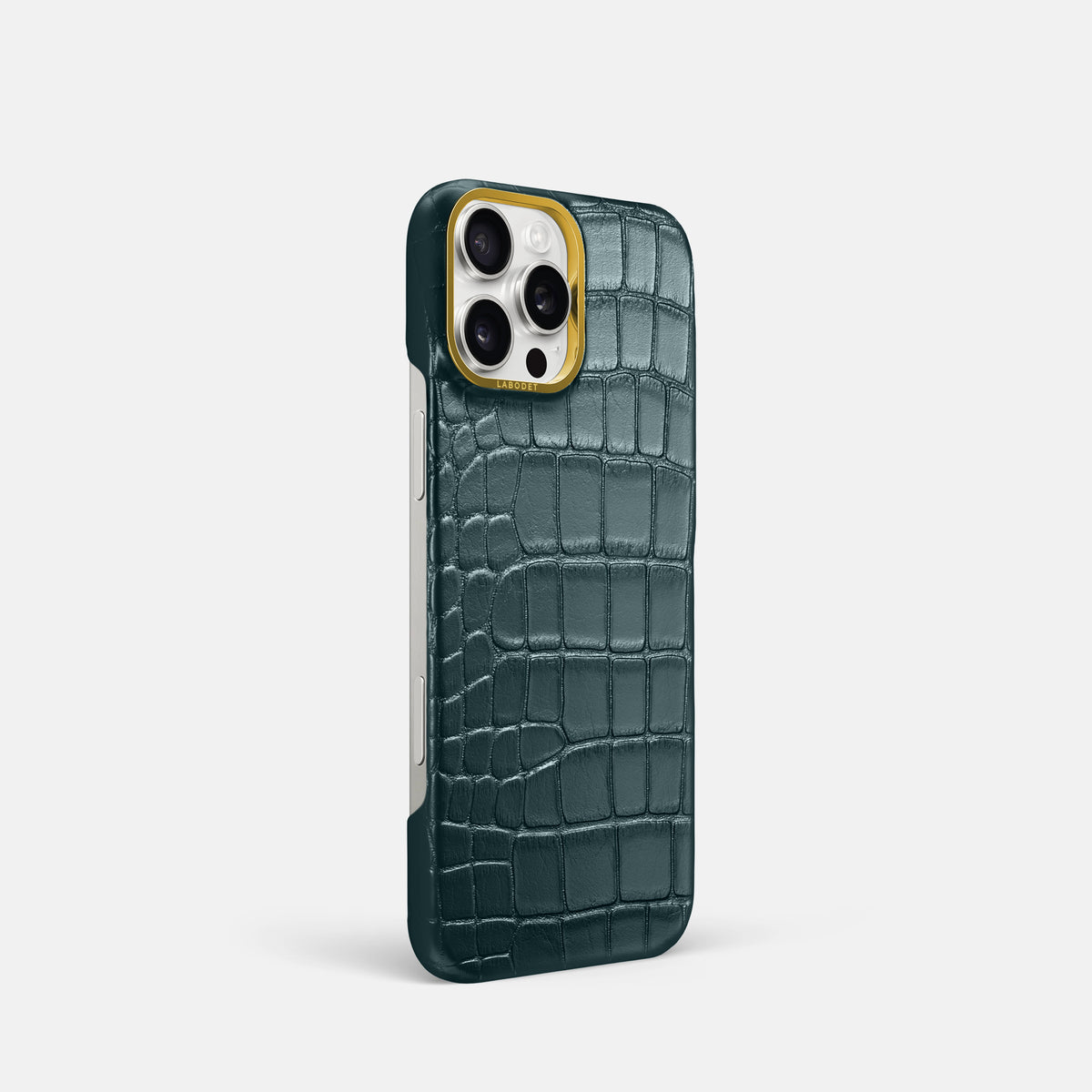 Metallic-Blue iPhone 16 Pro Classic Case Alligator with Gold Metal -2 | Metallic-Blue-Gold