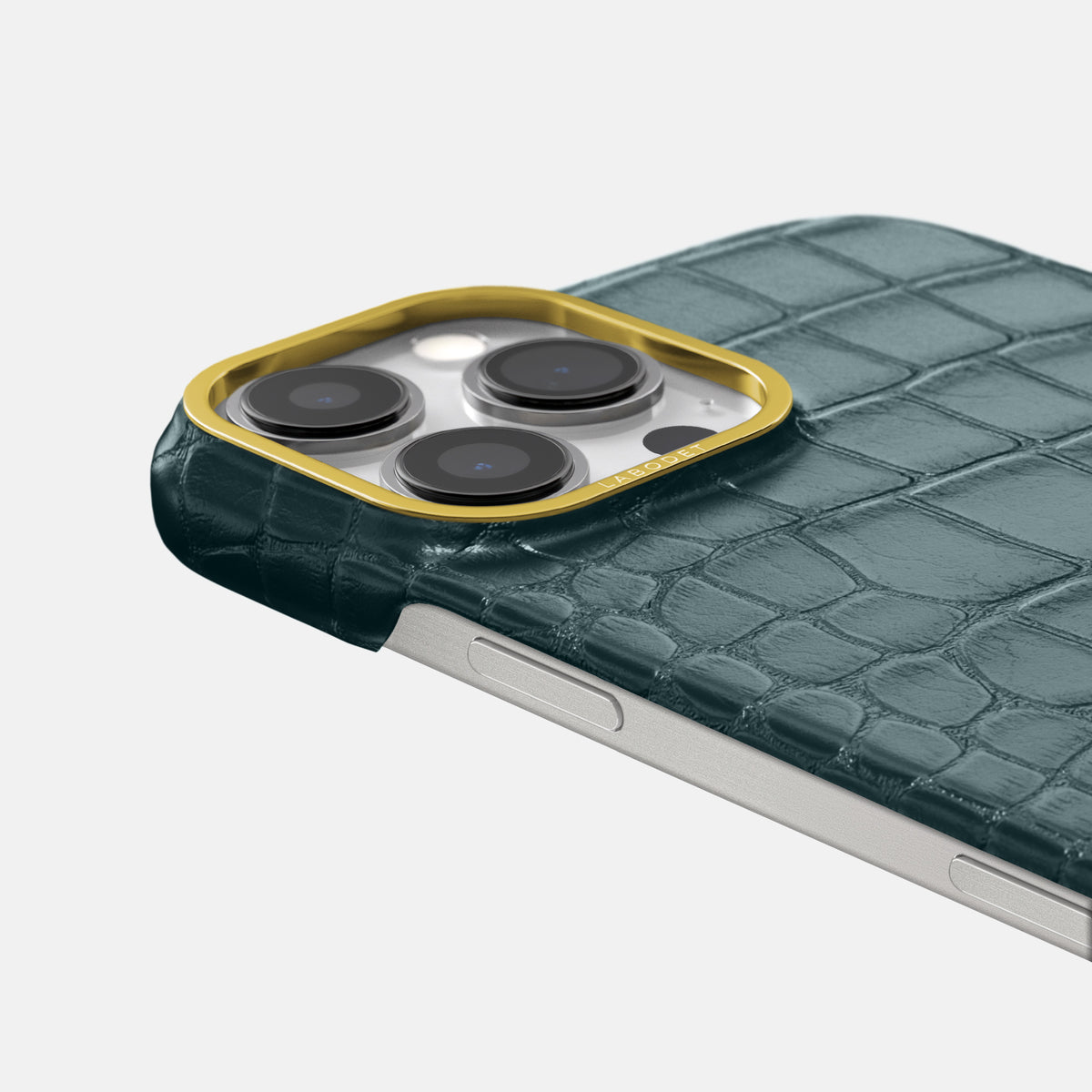 Metallic-Blue iPhone 16 Pro Classic Case Alligator with Gold Metal -6 | Metallic-Blue-Gold