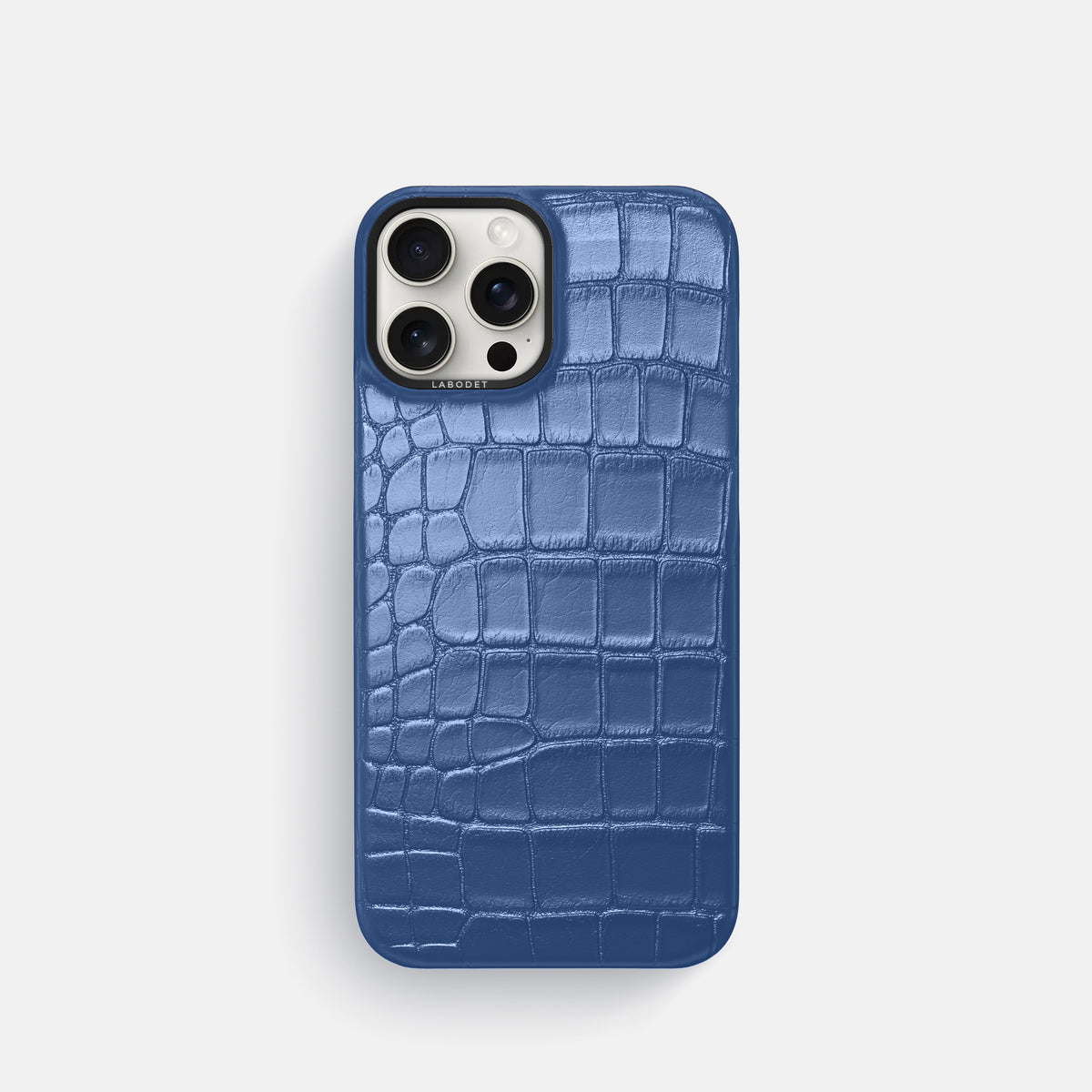 Pearlized-Blue iPhone 16 Pro Classic Case Alligator with Black Metal -1 | Pearlized-Blue-Black