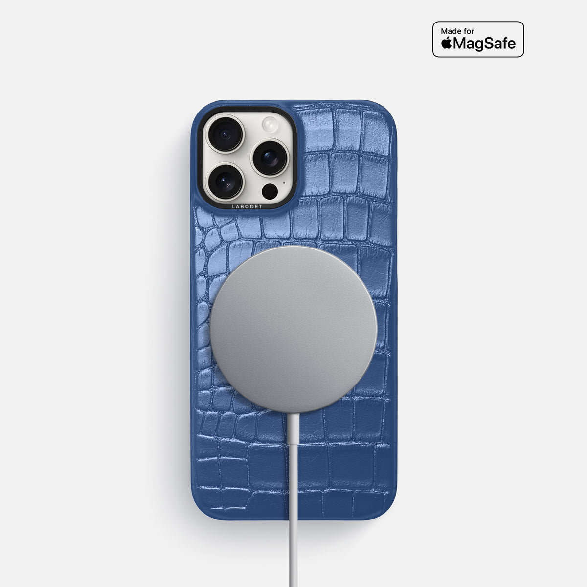 Pearlized-Blue iPhone 16 Pro Classic Case Alligator with Black Metal -5 | Pearlized-Blue-Black