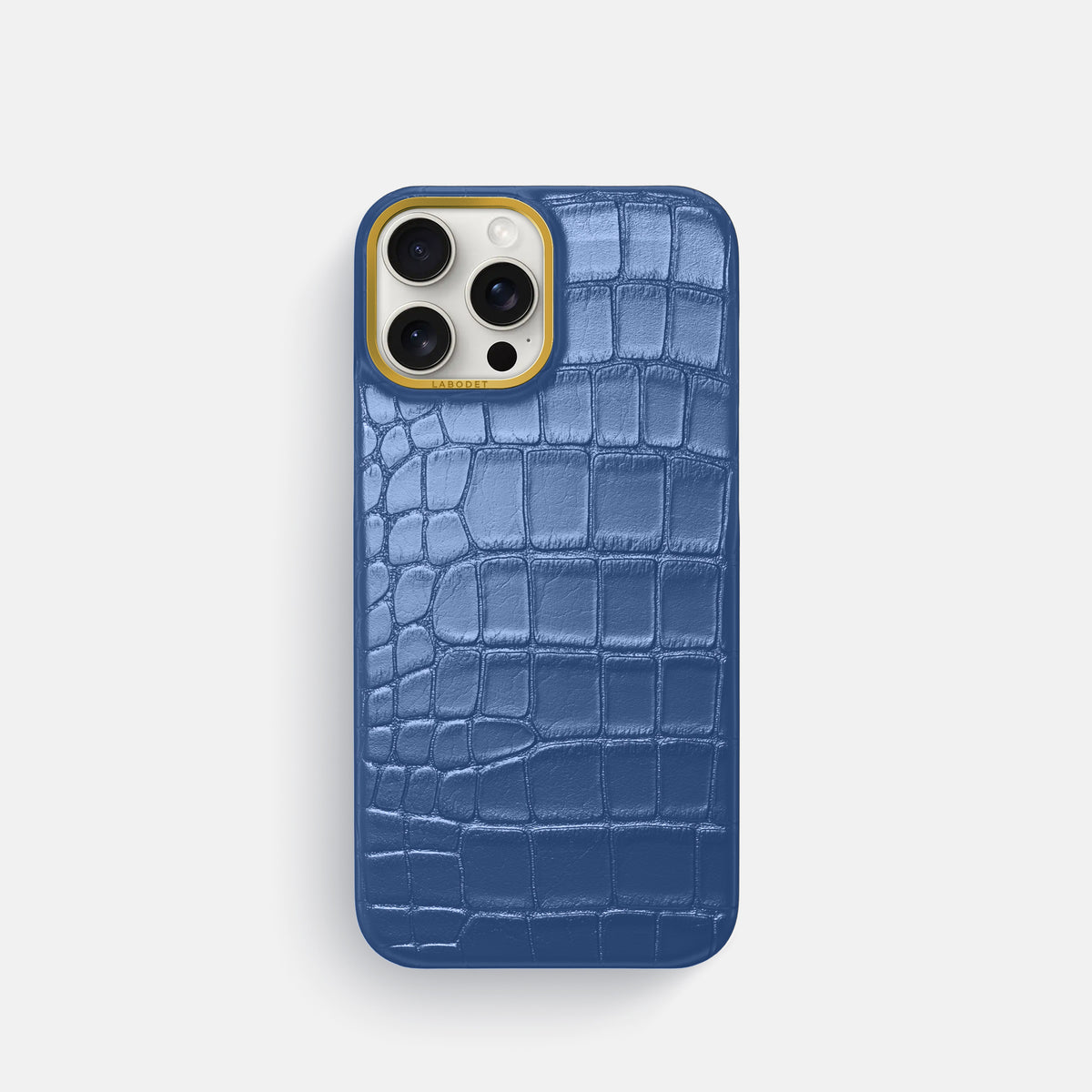 Pearlized-Blue iPhone 16 Pro Classic Case Alligator with Gold Metal -1 | Pearlized-Blue-Gold