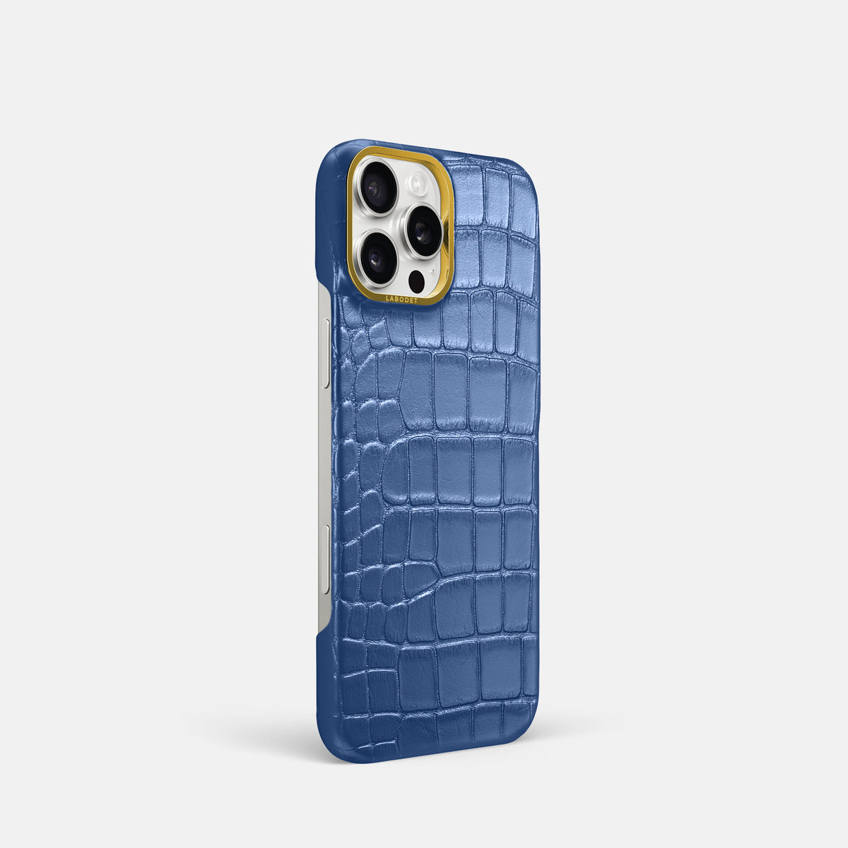Pearlized-Blue iPhone 16 Pro Classic Case Alligator with Gold Metal -2 | Pearlized-Blue-Gold