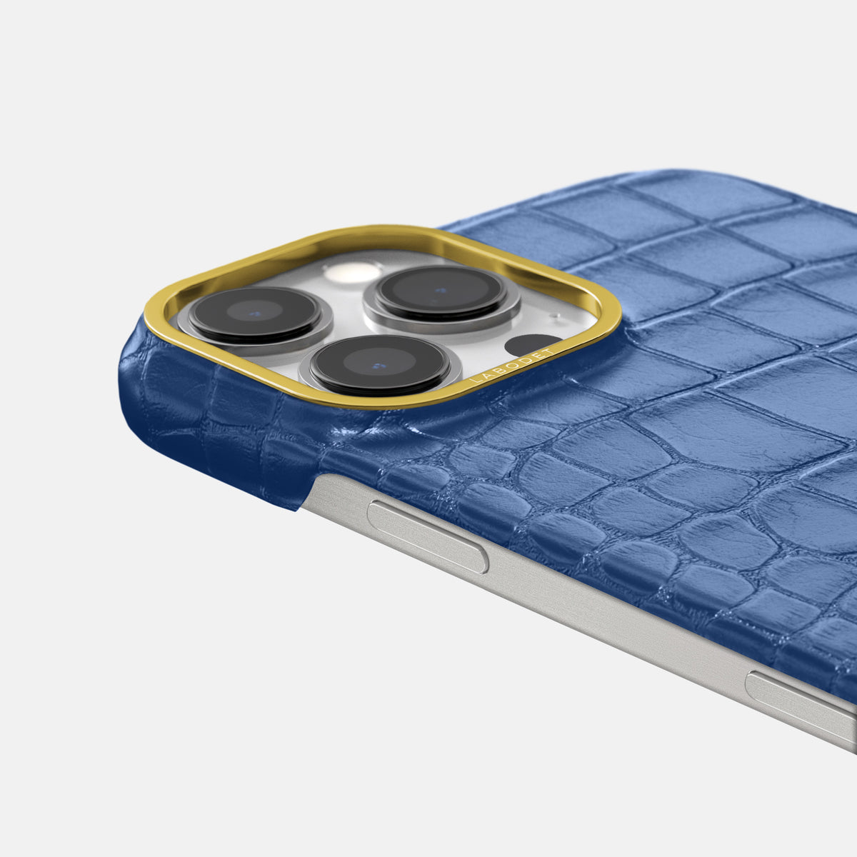 Pearlized-Blue iPhone 16 Pro Classic Case Alligator with Gold Metal -6 | Pearlized-Blue-Gold