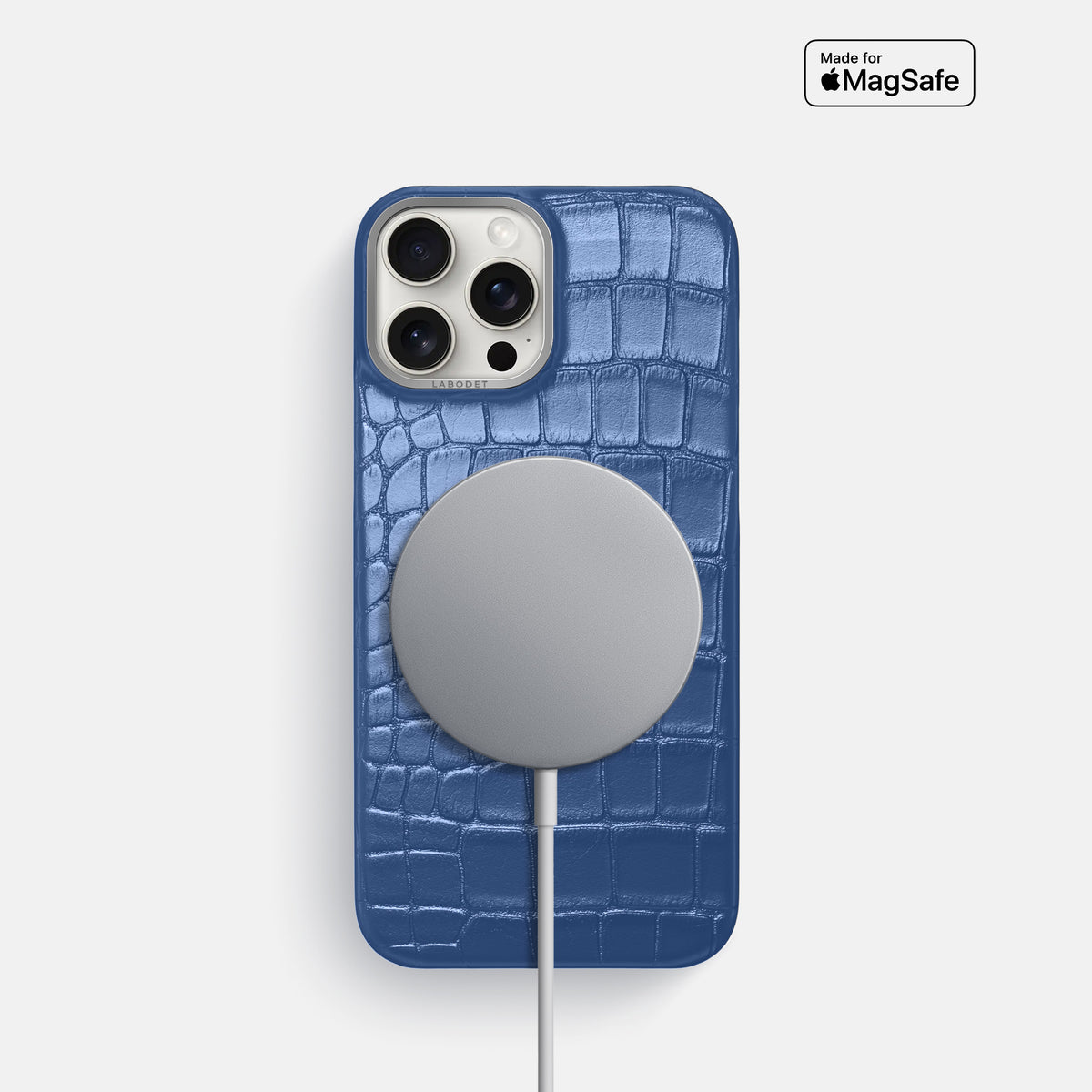 Pearlized-Blue iPhone 16 Pro Classic Case Alligator with Steel Metal -5 | Pearlized-Blue-Steel