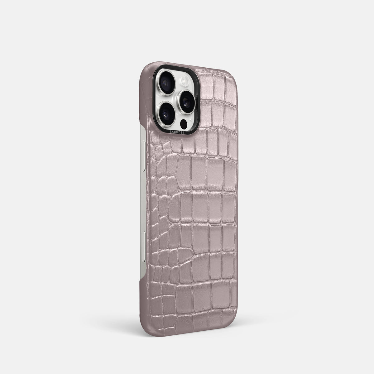 Pearlized-Pink iPhone 16 Pro Classic Case Alligator with Black Metal -2 | Pearlized-Pink-Black