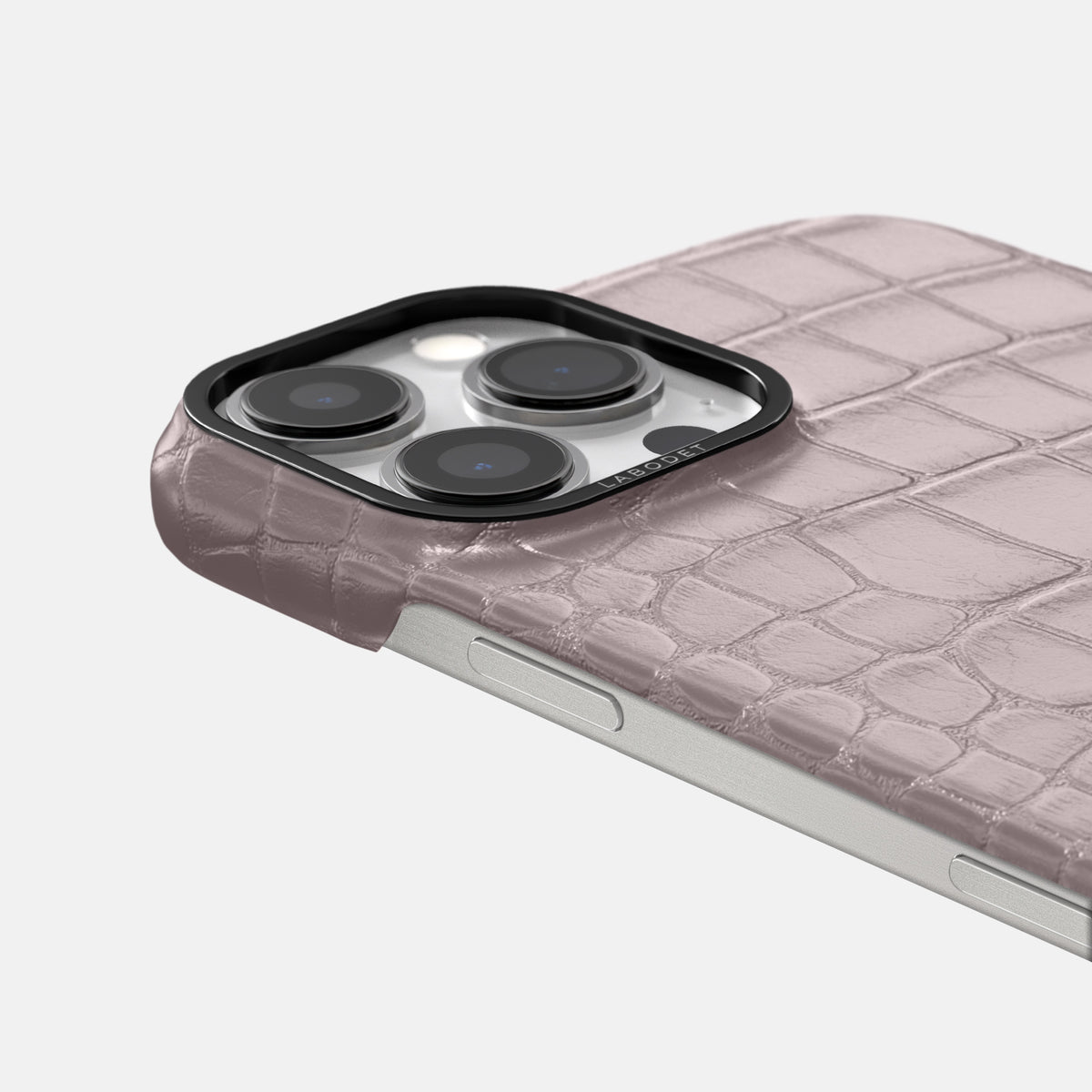 Pearlized-Pink iPhone 16 Pro Classic Case Alligator with Black Metal -6 | Pearlized-Pink-Black