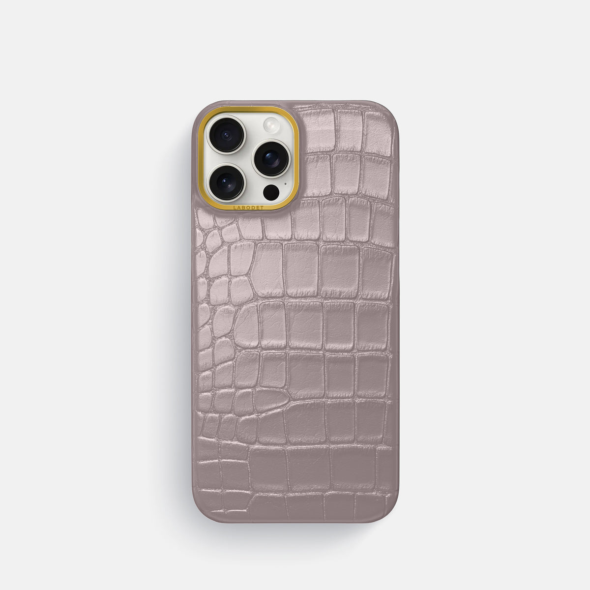 Pearlized-Pink iPhone 16 Pro Classic Case Alligator with Gold Metal -1 | Pearlized-Pink-Gold