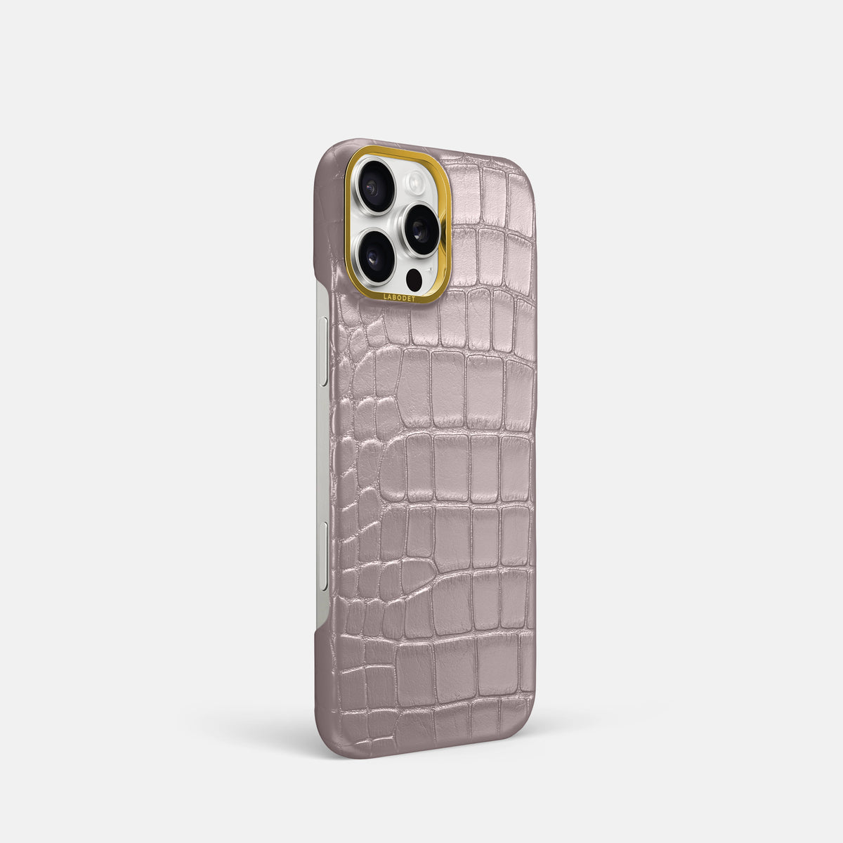 Pearlized-Pink iPhone 16 Pro Classic Case Alligator with Gold Metal -2 | Pearlized-Pink-Gold