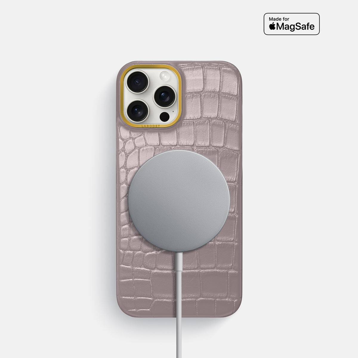 Pearlized-Pink iPhone 16 Pro Classic Case Alligator with Gold Metal -5 | Pearlized-Pink-Gold