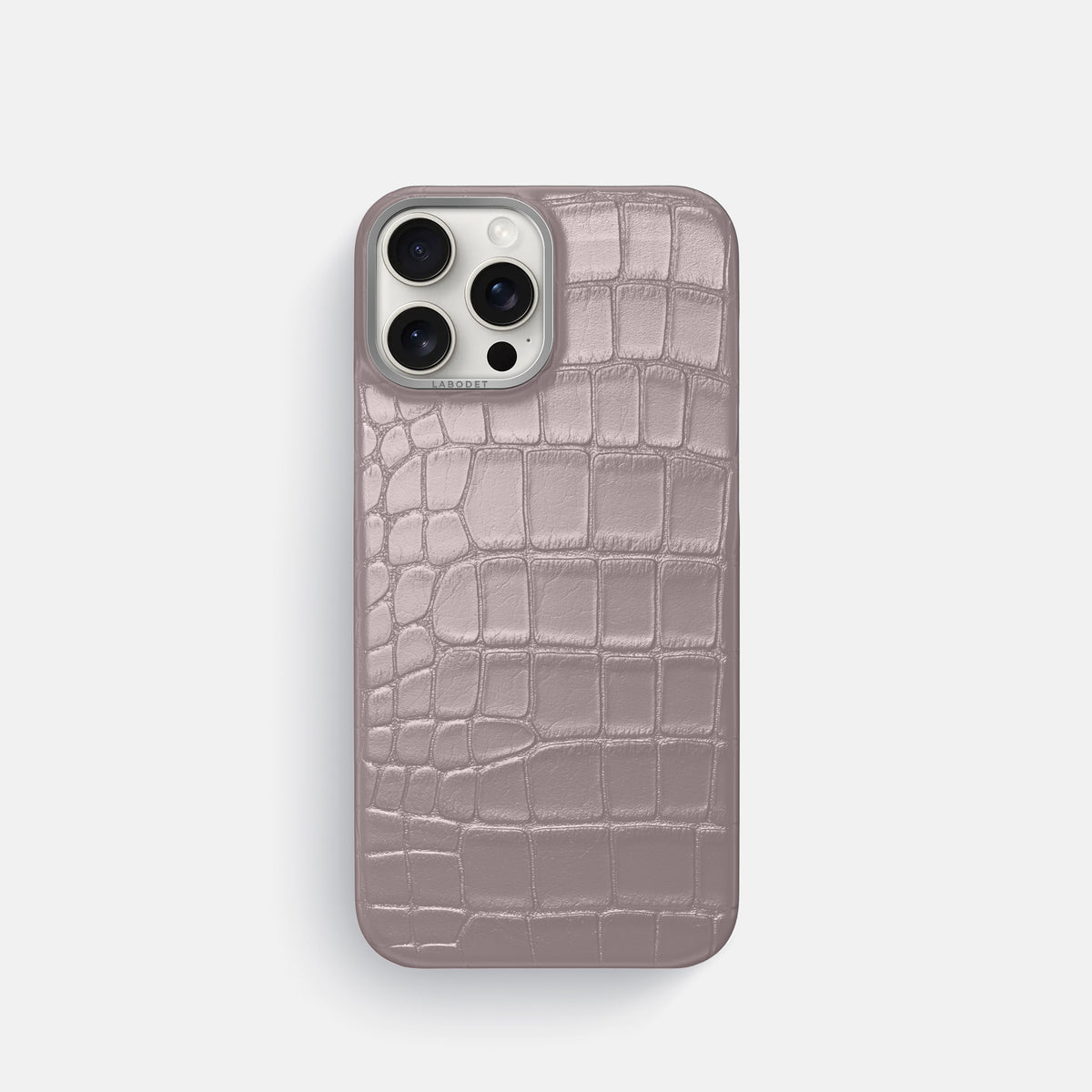Pearlized-Pink iPhone 16 Pro Classic Case Alligator with Steel Metal -1 | Pearlized-Pink-Steel