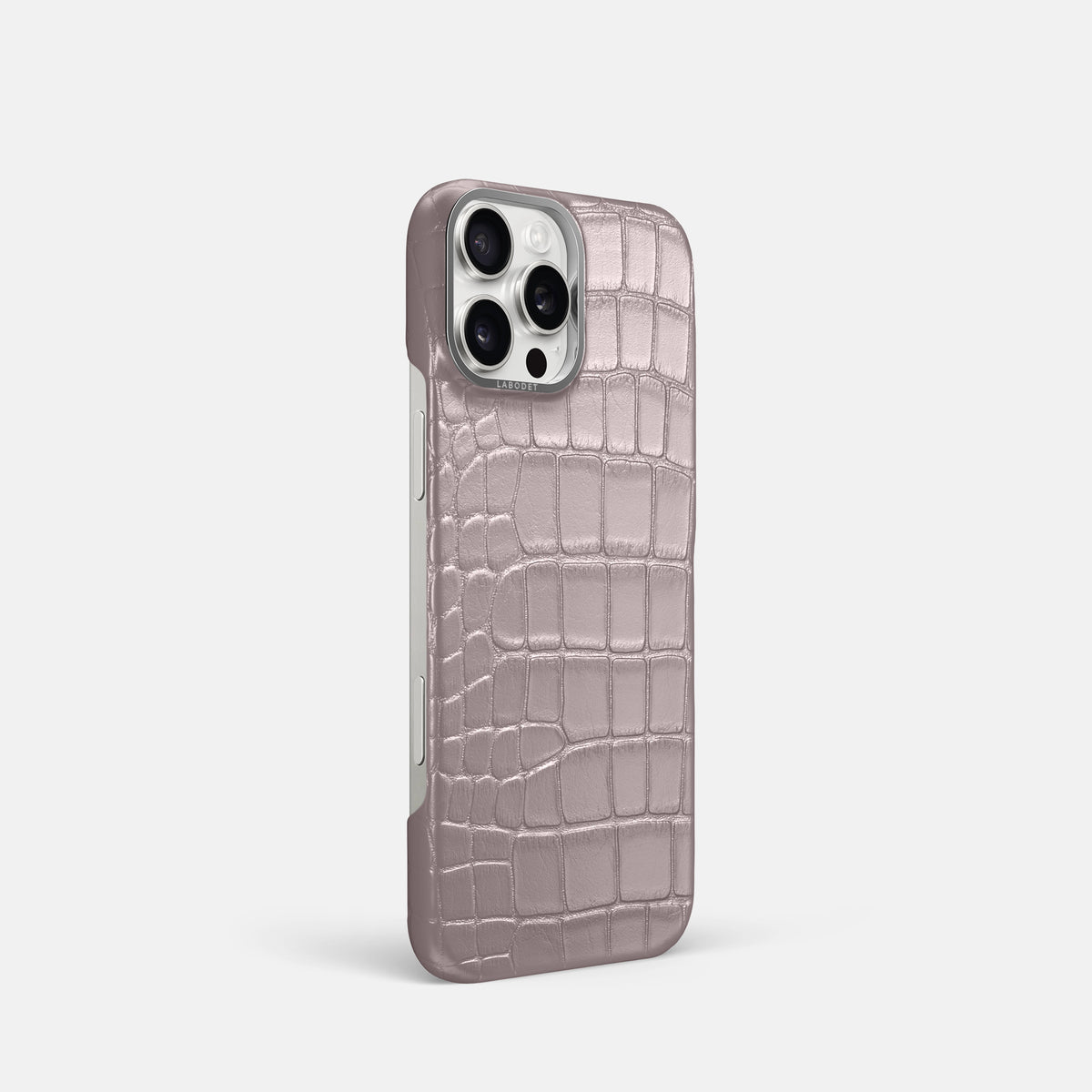 Pearlized-Pink iPhone 16 Pro Classic Case Alligator with Steel Metal -2 | Pearlized-Pink-Steel