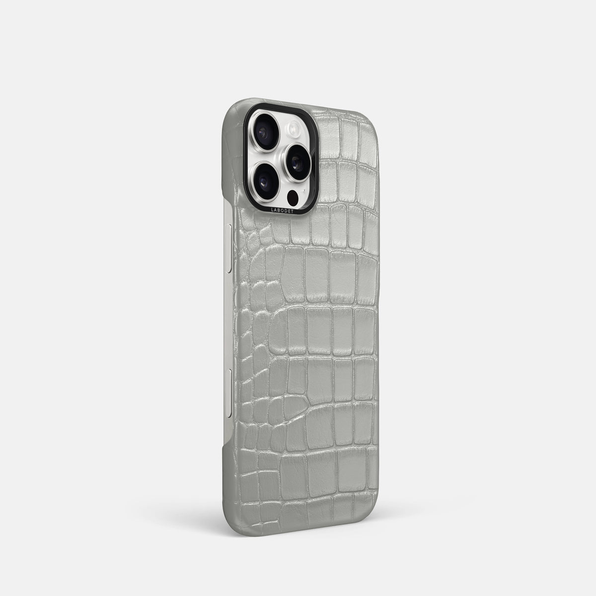 Pearlized-White iPhone 16 Pro Classic Case Alligator with Black Metal -2 | Pearlized-White-Black