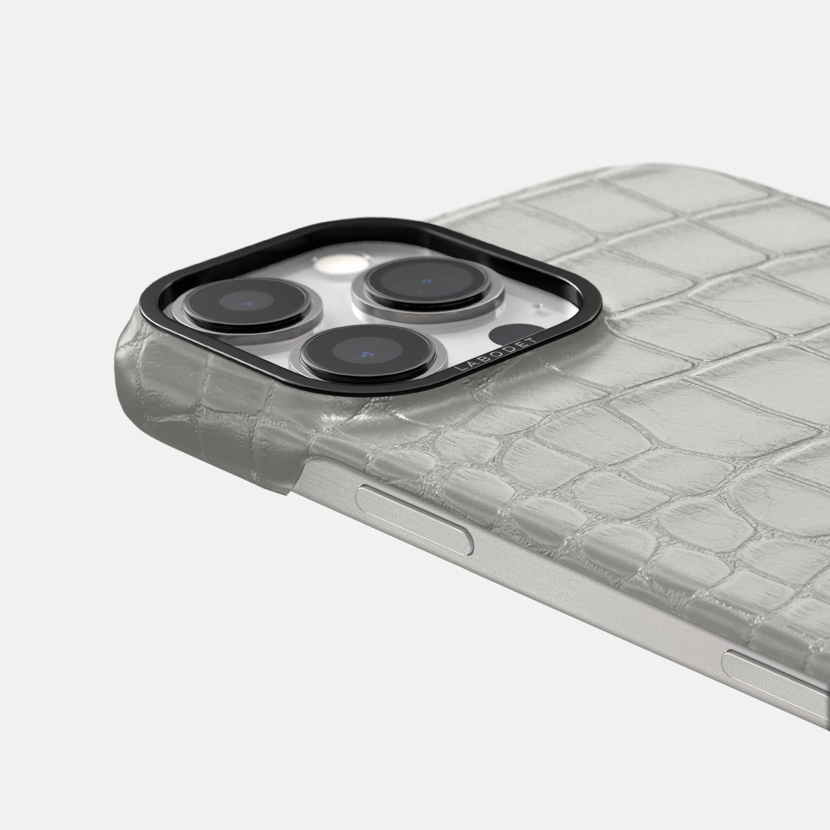 Pearlized-White iPhone 16 Pro Classic Case Alligator with Black Metal -6 | Pearlized-White-Black