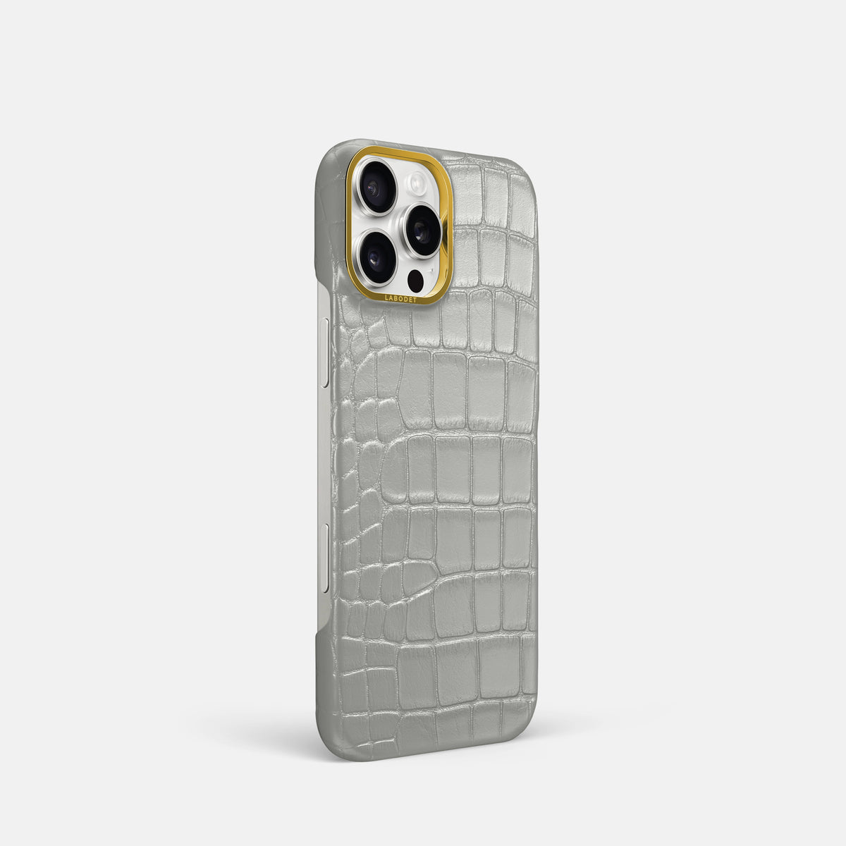 Pearlized-White iPhone 16 Pro Classic Case Alligator with Gold Metal -2 | Pearlized-White-Gold