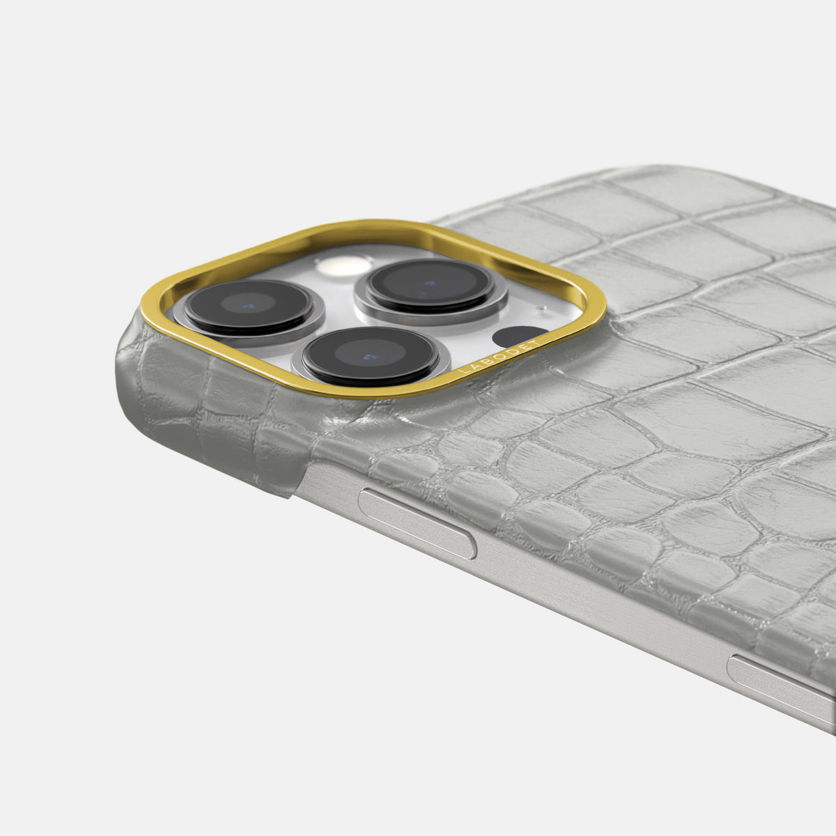 Pearlized-White iPhone 16 Pro Classic Case Alligator with Gold Metal -6 | Pearlized-White-Gold