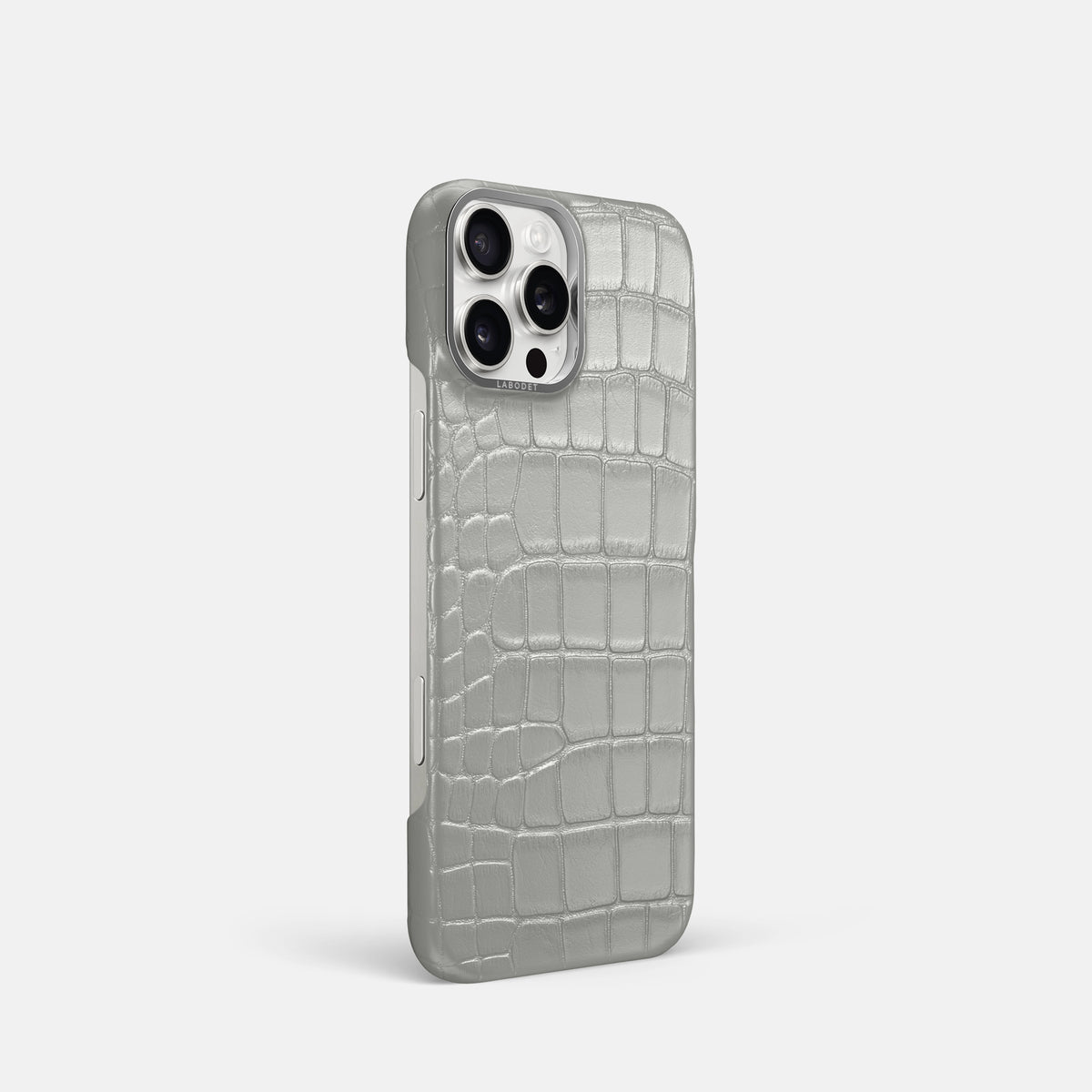 Pearlized-White iPhone 16 Pro Classic Case Alligator with Steel Metal -2 | Pearlized-White-Steel