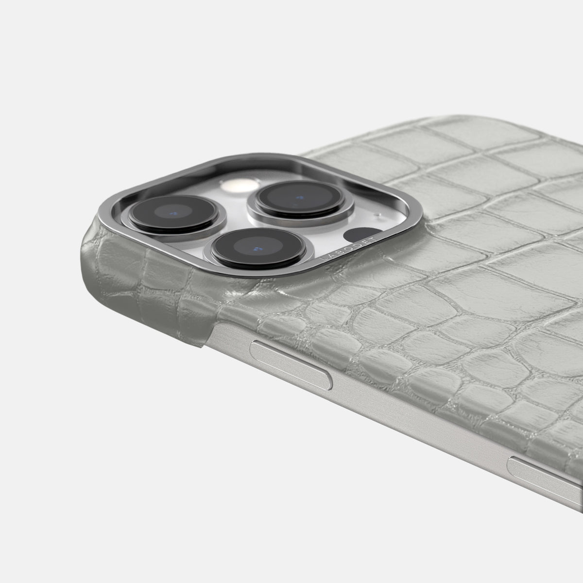 Pearlized-White iPhone 16 Pro Classic Case Alligator with Steel Metal -6 | Pearlized-White-Steel
