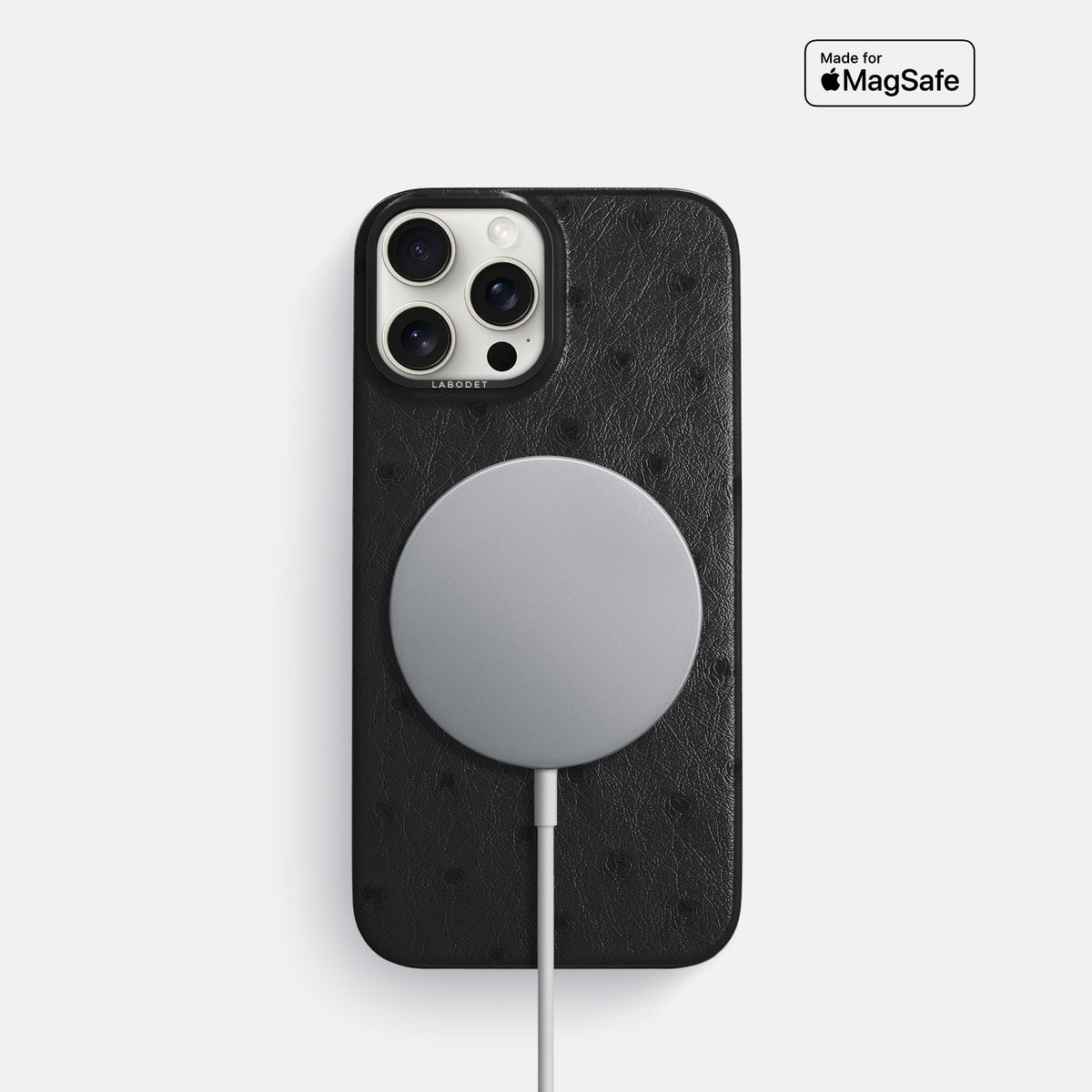 Black iPhone 16 Pro Classic Case Ostrich with Black Metal -5 | Black-Black