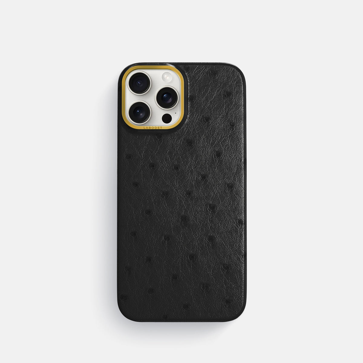 Black iPhone 16 Pro Classic Case Ostrich with Gold Metal -1 | Black-Gold