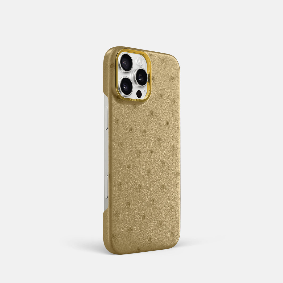 Desert-Sand iPhone 16 Pro Classic Case Ostrich with Gold Metal -2 | Desert-Sand-Gold
