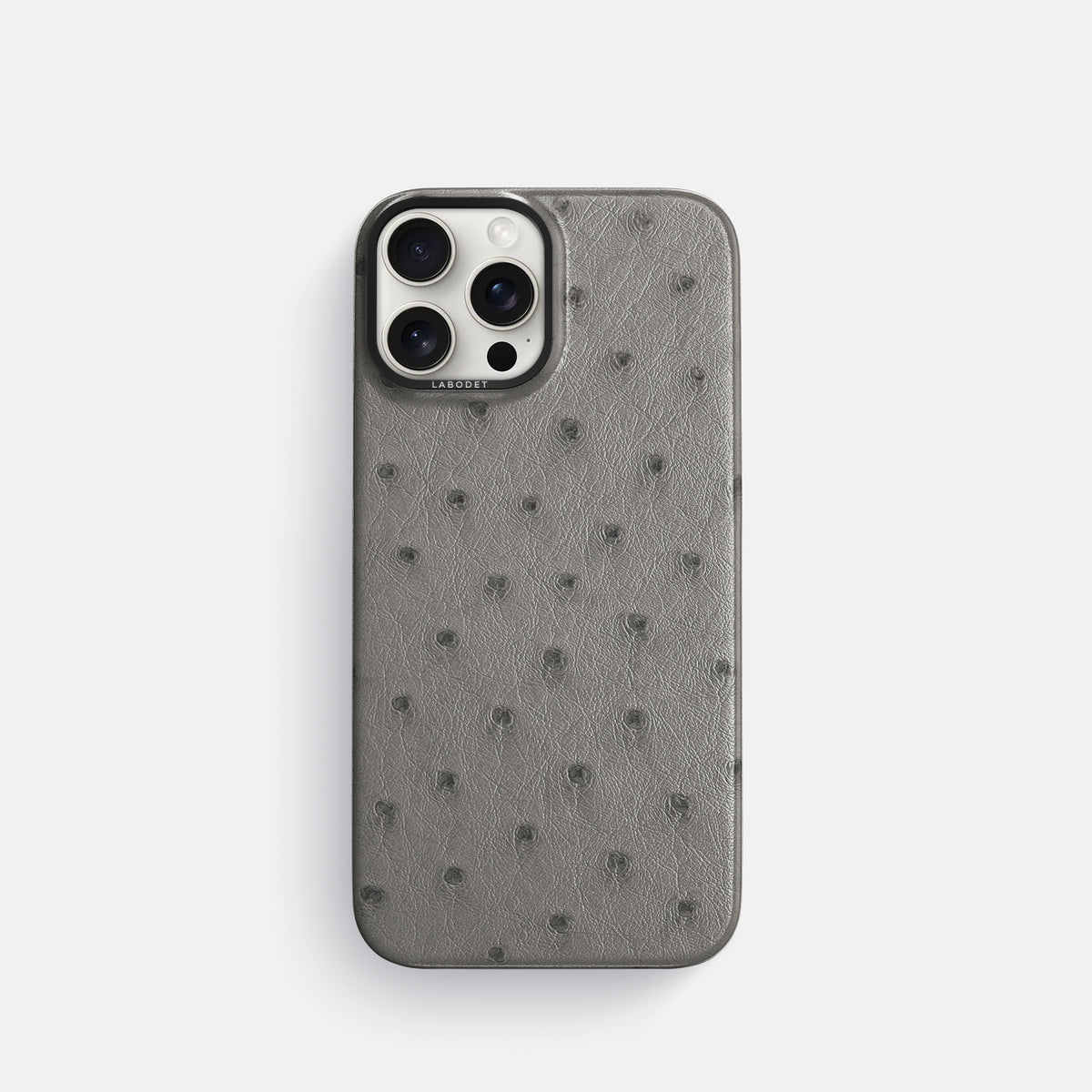 Grey iPhone 16 Pro Classic Case Ostrich with Black Metal -1 | Grey-Black