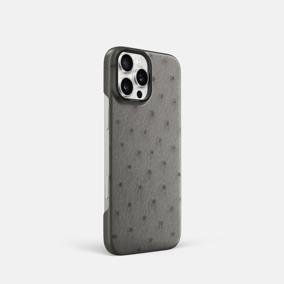Grey iPhone 16 Pro Classic Case Ostrich with Black Metal -2 | Grey-Black