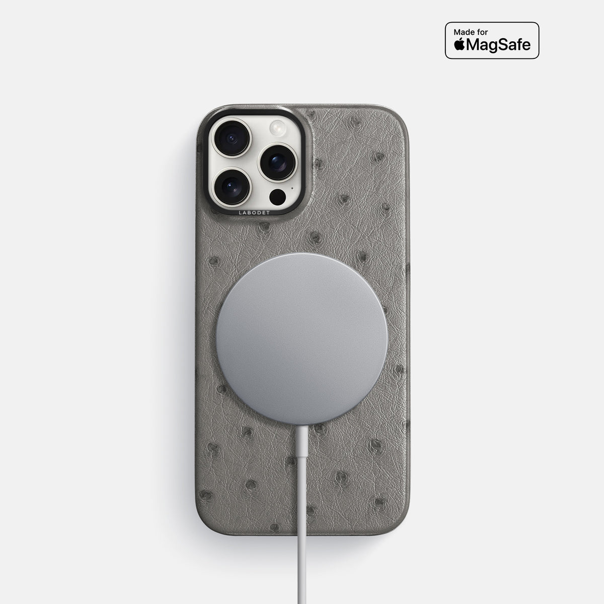 Grey iPhone 16 Pro Classic Case Ostrich with Black Metal -5 | Grey-Black