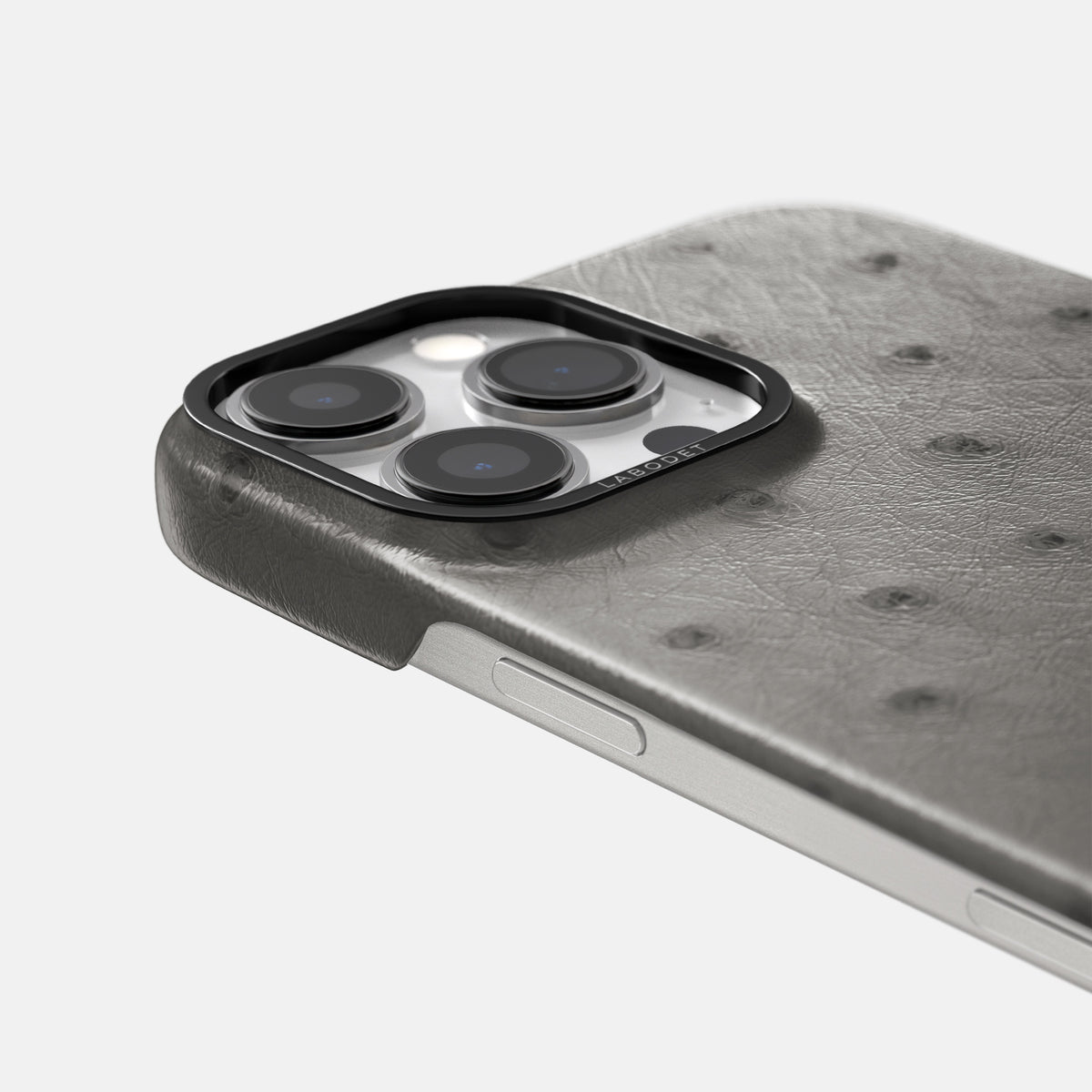 Grey iPhone 16 Pro Classic Case Ostrich with Black Metal -6 | Grey-Black