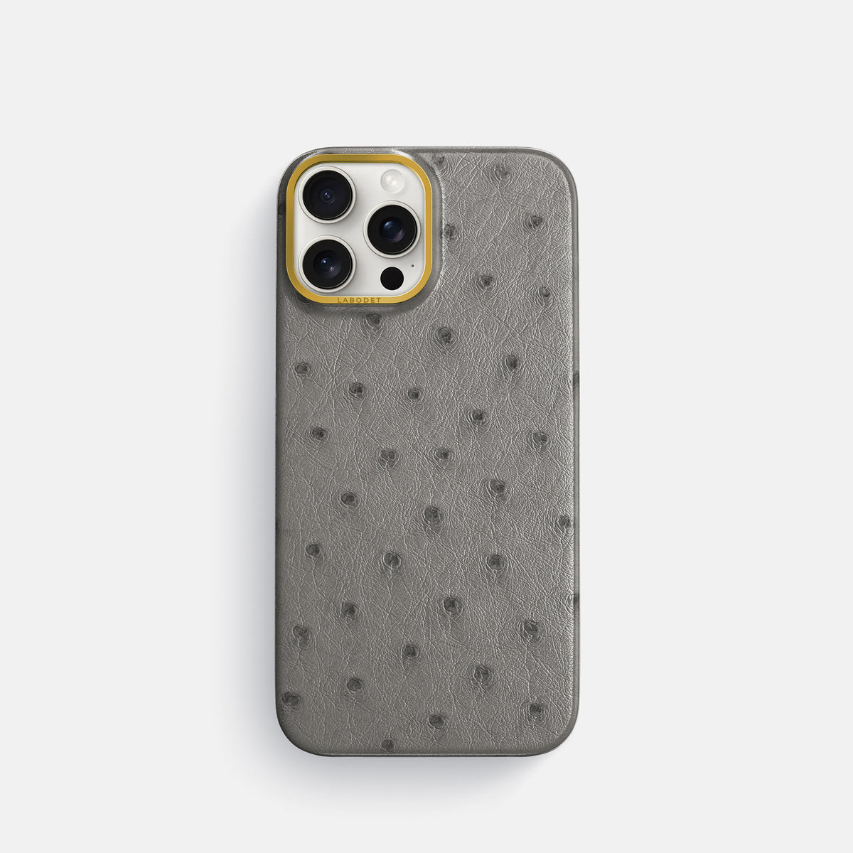 Grey iPhone 16 Pro Classic Case Ostrich with Gold Metal -1 | Grey-Gold