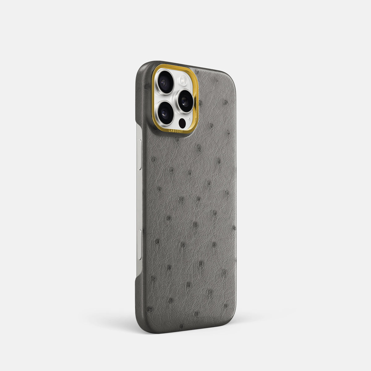 Grey iPhone 16 Pro Classic Case Ostrich with Gold Metal -2 | Grey-Gold