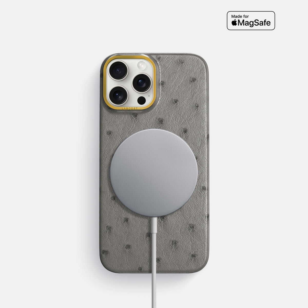 Grey iPhone 16 Pro Classic Case Ostrich with Gold Metal -5 | Grey-Gold