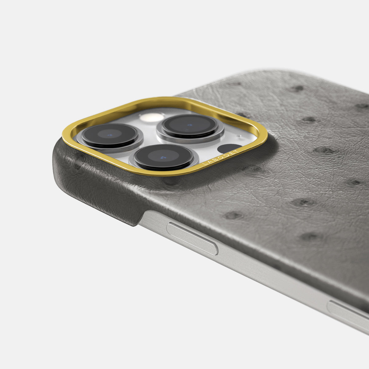 Grey iPhone 16 Pro Classic Case Ostrich with Gold Metal -6 | Grey-Gold