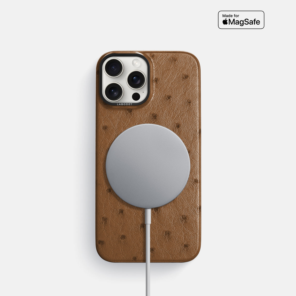 Medium-Brown iPhone 16 Pro Classic Case Ostrich with Black Metal -5 | Medium-Brown-Black