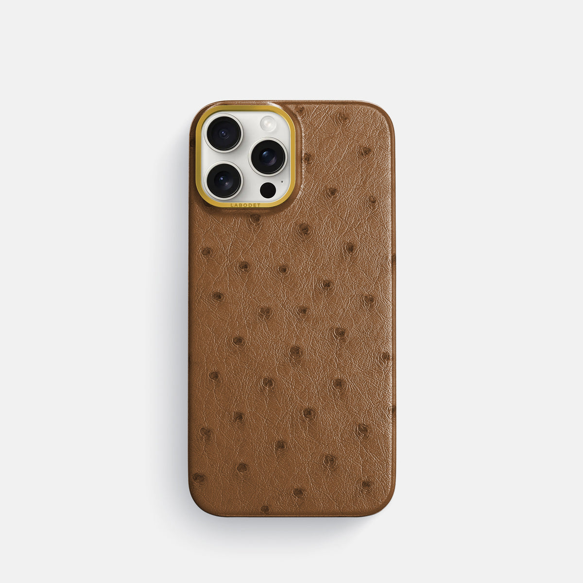 Medium-Brown iPhone 16 Pro Classic Case Ostrich with Gold Metal -1 | Medium-Brown-Gold