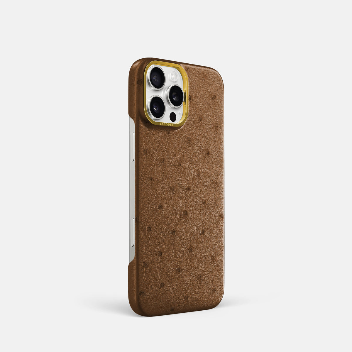 Medium-Brown iPhone 16 Pro Classic Case Ostrich with Gold Metal -2 | Medium-Brown-Gold