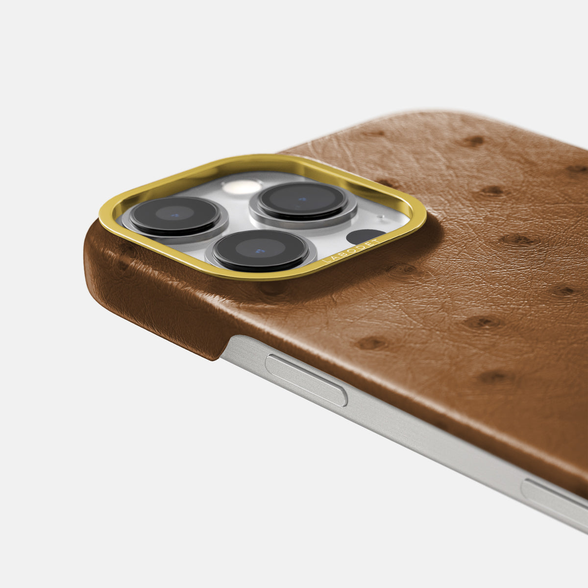 Medium-Brown iPhone 16 Pro Classic Case Ostrich with Gold Metal -6 | Medium-Brown-Gold