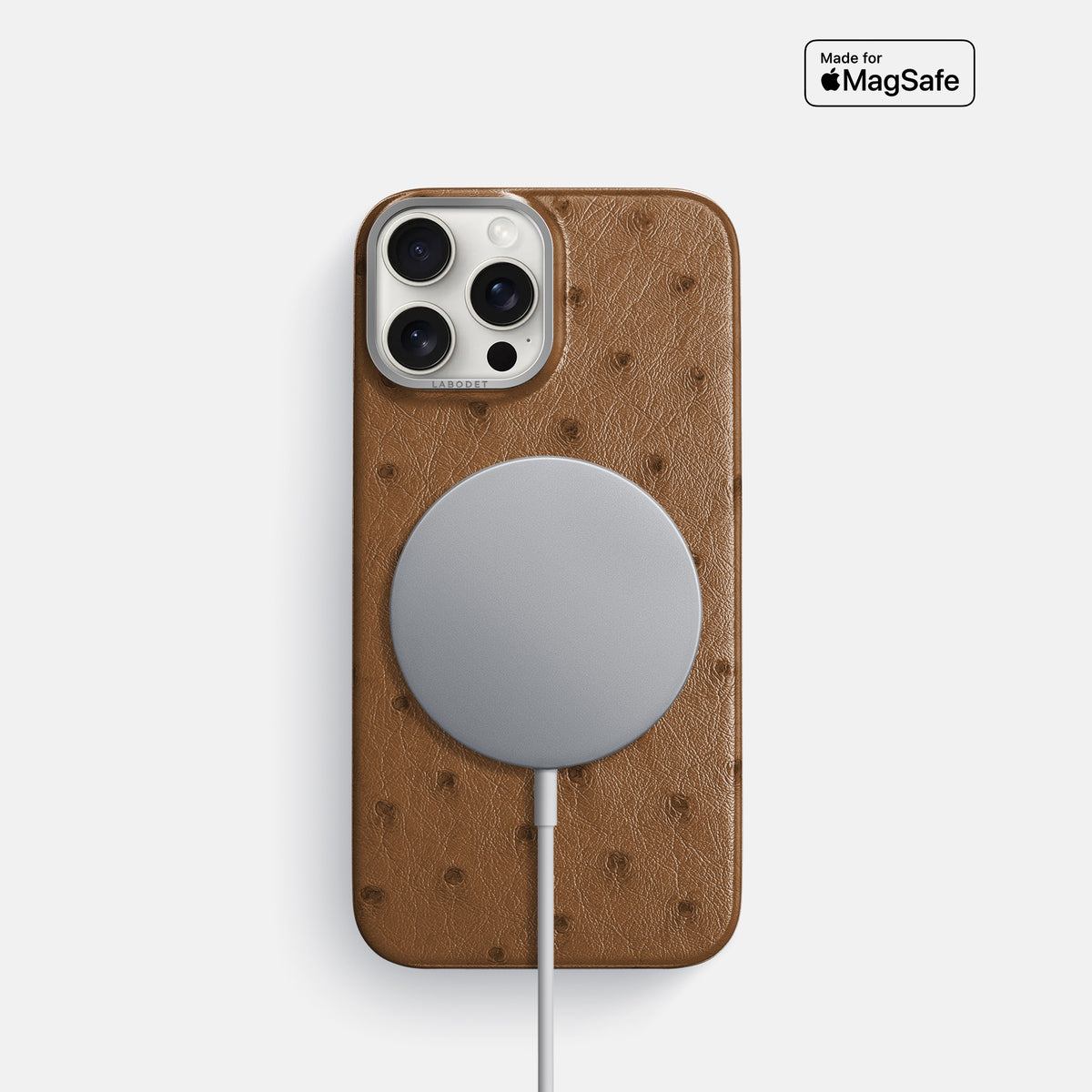 Medium-Brown iPhone 16 Pro Classic Case Ostrich with Steel Metal -5 | Medium-Brown-Steel