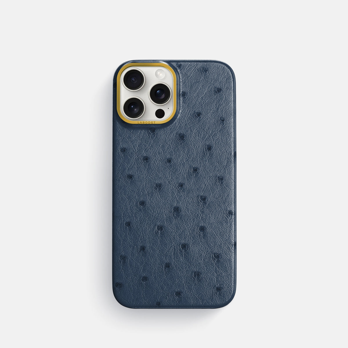 Navy-Blue iPhone 16 Pro Classic Case Ostrich with Gold Metal -1 | Navy-Blue-Gold