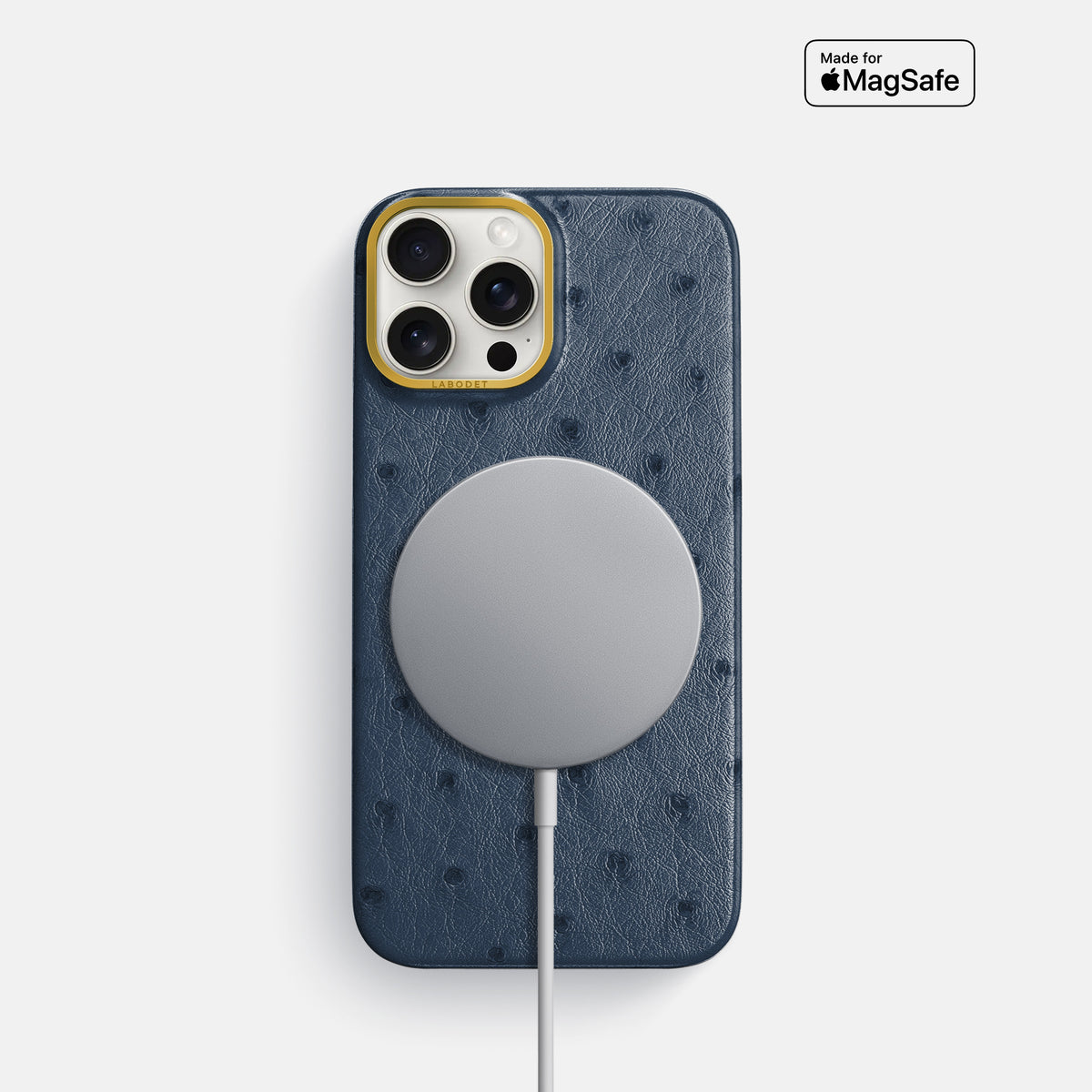 Navy-Blue iPhone 16 Pro Classic Case Ostrich with Gold Metal -5 | Navy-Blue-Gold