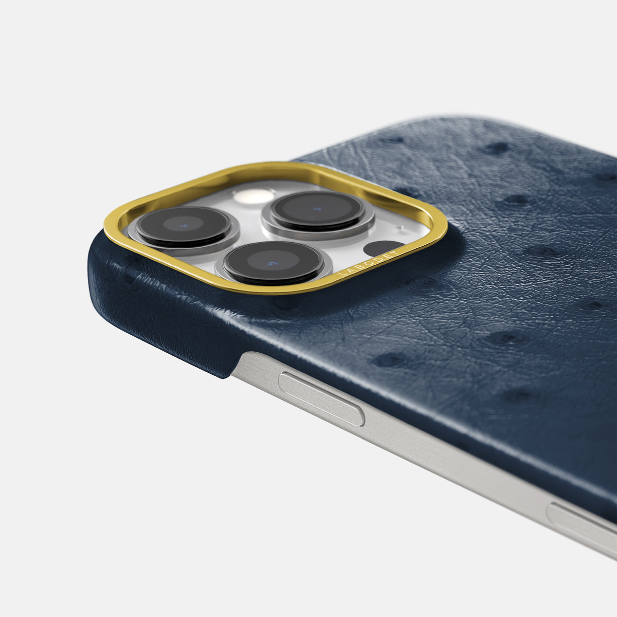 Navy-Blue iPhone 16 Pro Classic Case Ostrich with Gold Metal -6 | Navy-Blue-Gold