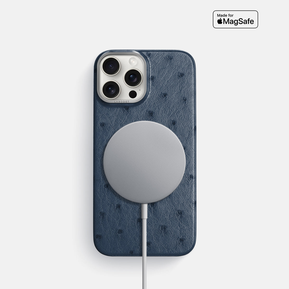 Navy-Blue iPhone 16 Pro Classic Case Ostrich with Steel Metal -5 | Navy-Blue-Steel