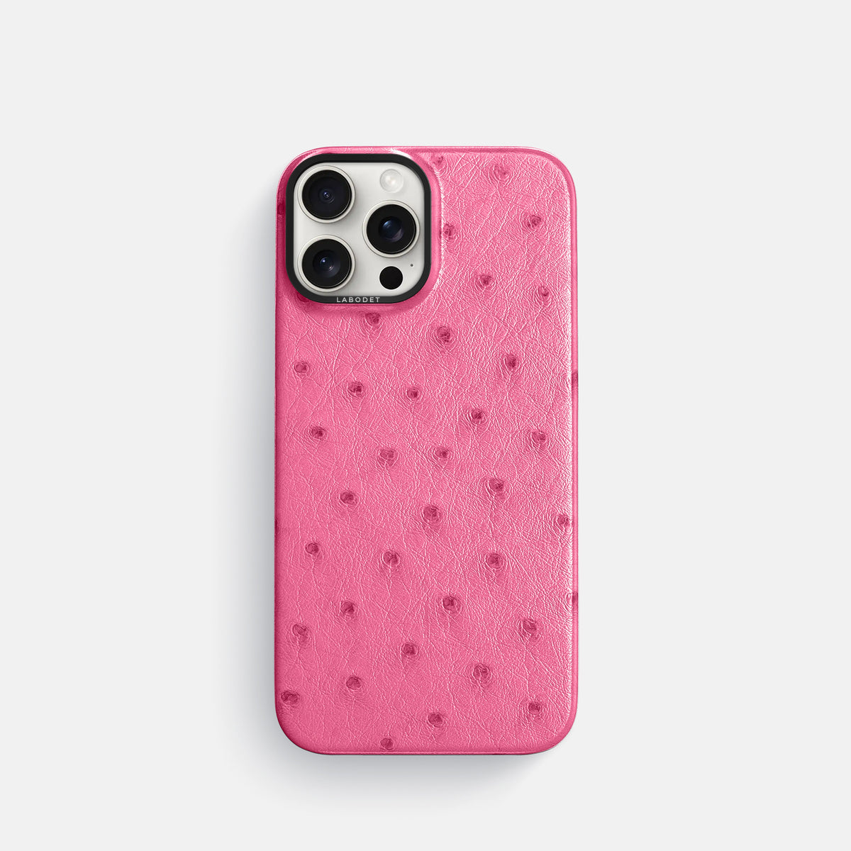 Pink iPhone 16 Pro Classic Case Ostrich with Black Metal -1 | Pink-Black
