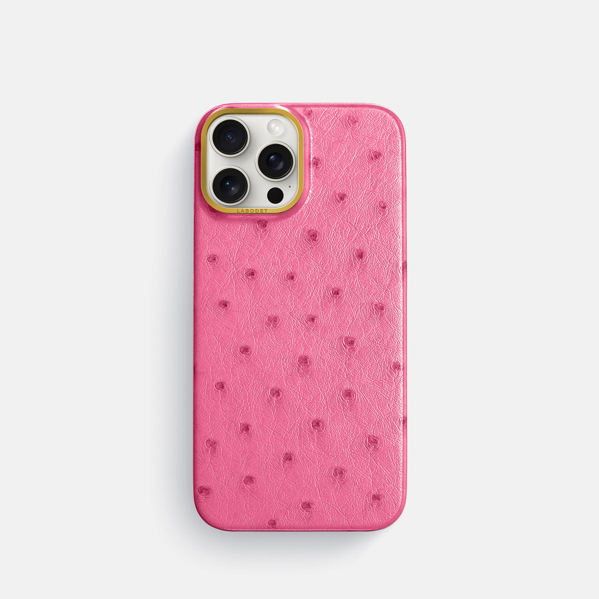 Pink iPhone 16 Pro Classic Case Ostrich with Gold Metal -1 | Pink-Gold