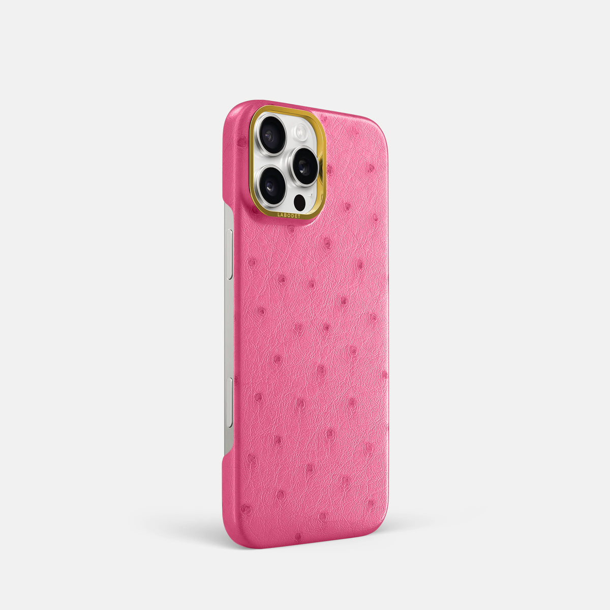 Pink iPhone 16 Pro Classic Case Ostrich with Gold Metal -2 | Pink-Gold