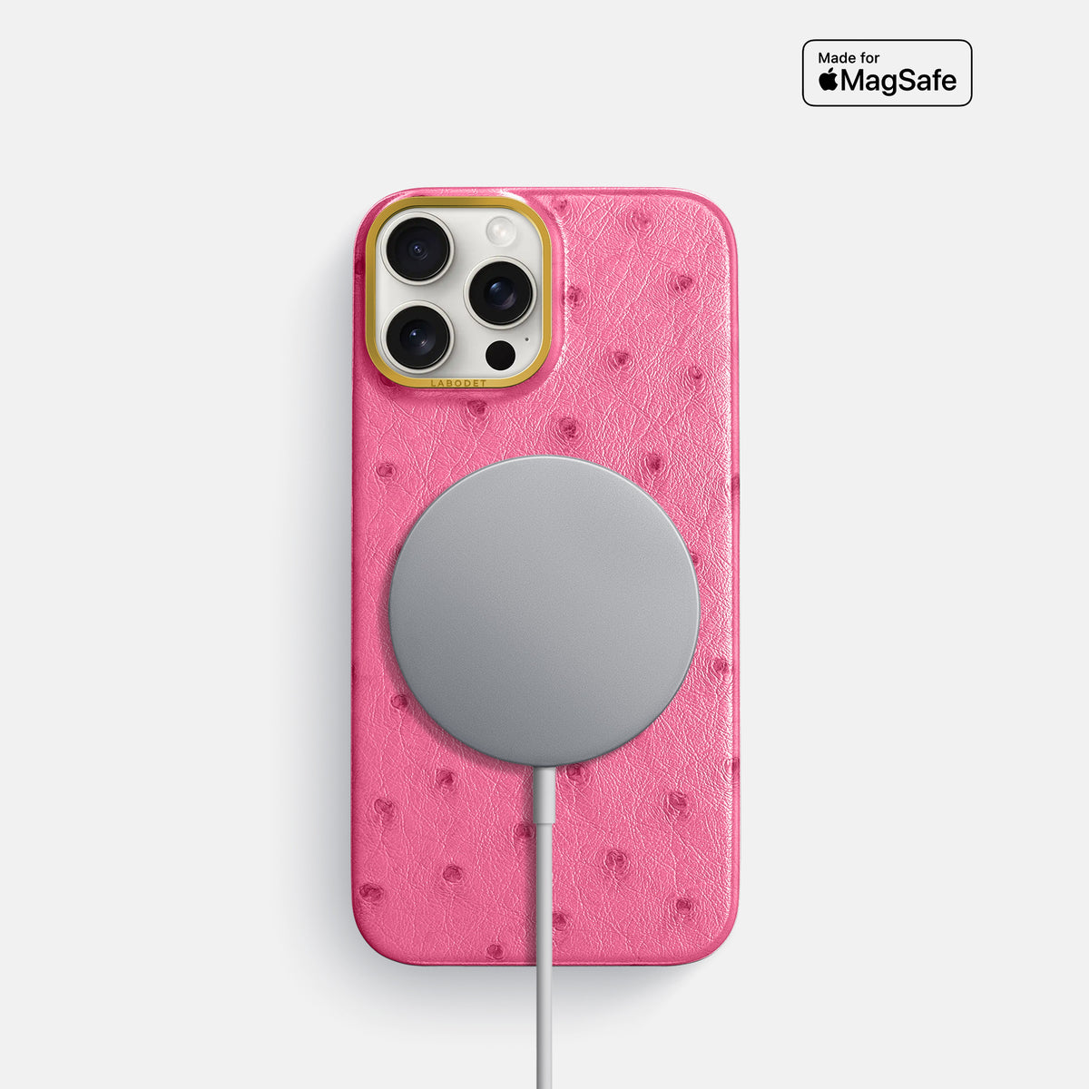 Pink iPhone 16 Pro Classic Case Ostrich with Gold Metal -5 | Pink-Gold
